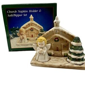 Church Napkin Holder & Praying Angel Christmas Tree Salt Pepper Shaker‎ Set READ